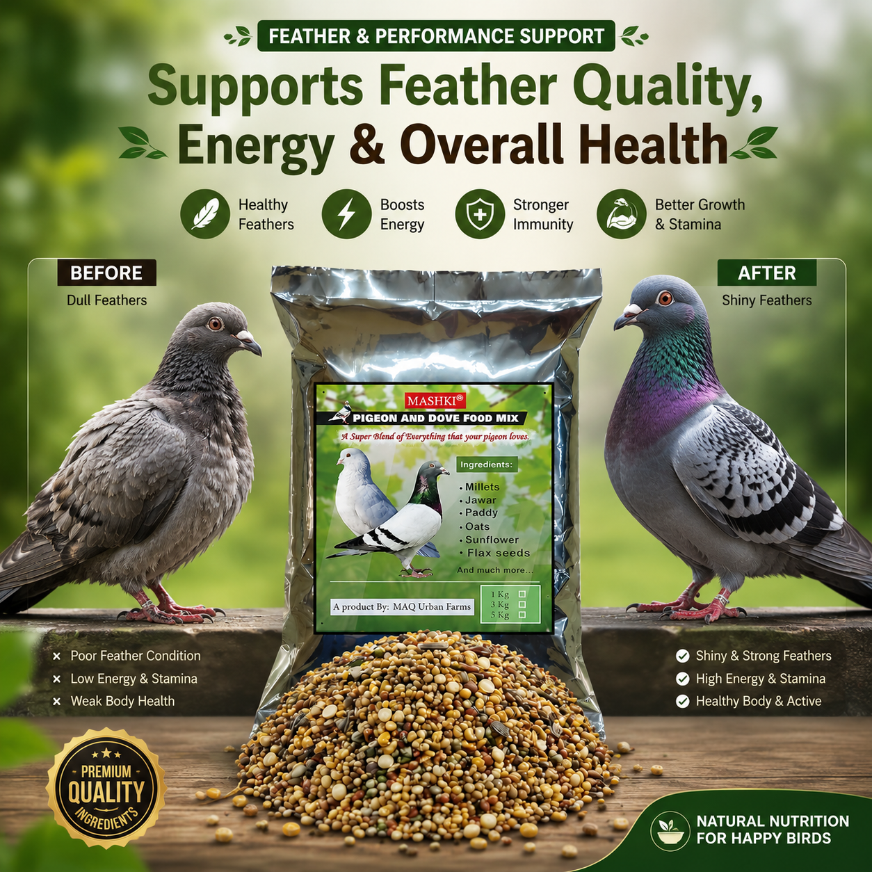 MASHKI Pigeon Food Mix (Kabootar Ka Dana)1kg – Nutritious Bird Feed for Pigeons & Doves