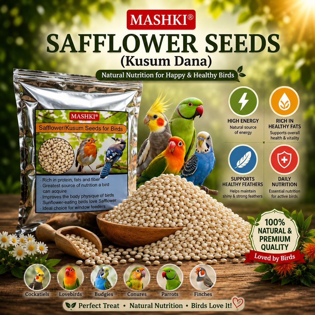 MASHKI Safflower Seeds Bird Food | Premium High-Energy Seeds for Parrots, Cockatiels & Pet Birds